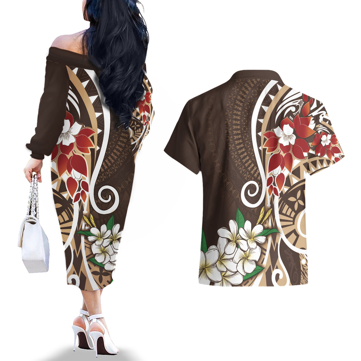 Bula Fiji Tagimaucia Mix Plumeria Masi Tapa Couples Matching Off The Shoulder Long Sleeve Dress and Hawaiian Shirt Brown LT7 - Polynesian Pride