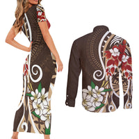 Bula Fiji Tagimaucia Mix Plumeria Masi Tapa Couples Matching Short Sleeve Bodycon Dress and Long Sleeve Button Shirt Brown LT7 - Polynesian Pride