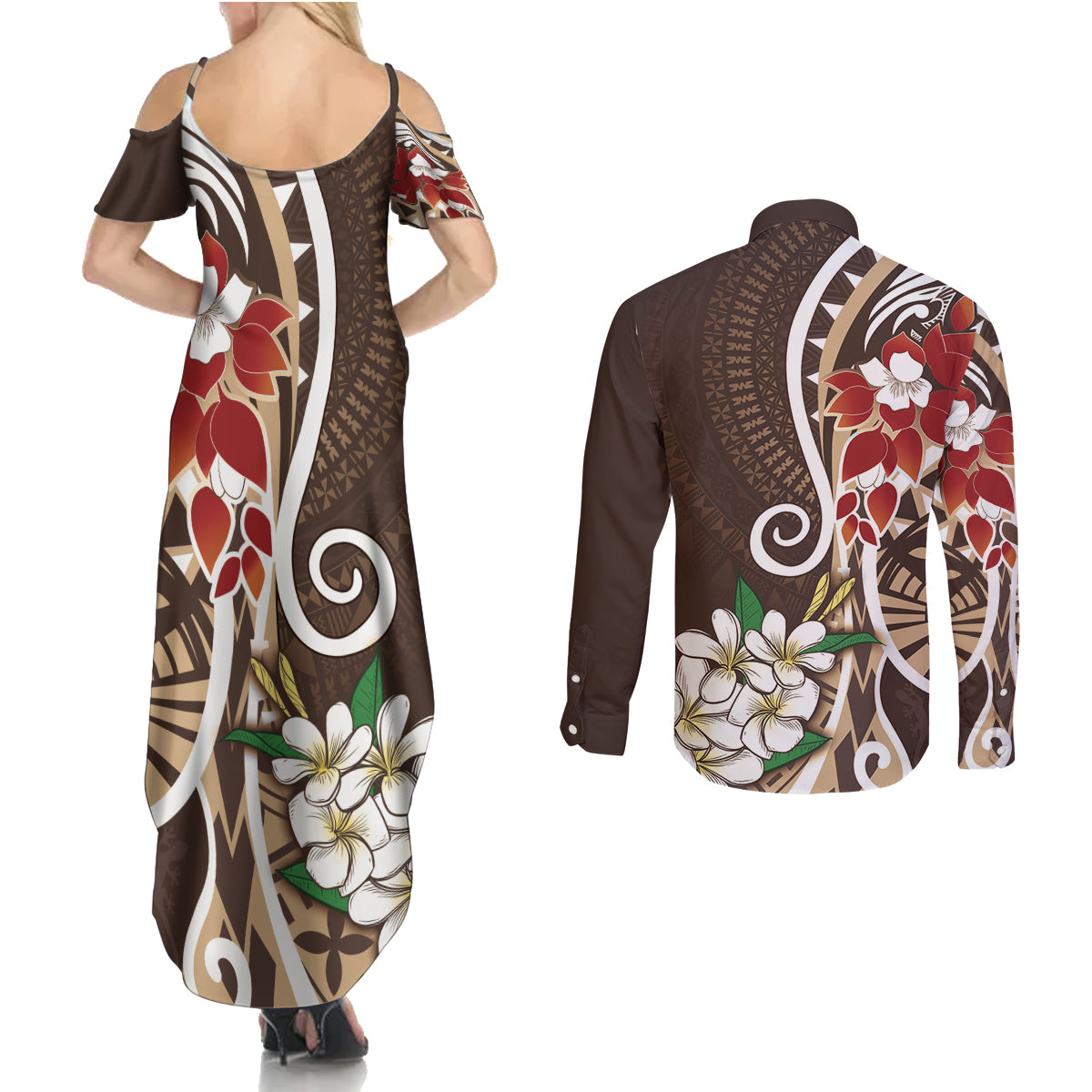 Bula Fiji Tagimaucia Mix Plumeria Masi Tapa Couples Matching Summer Maxi Dress and Long Sleeve Button Shirt Brown LT7 - Polynesian Pride