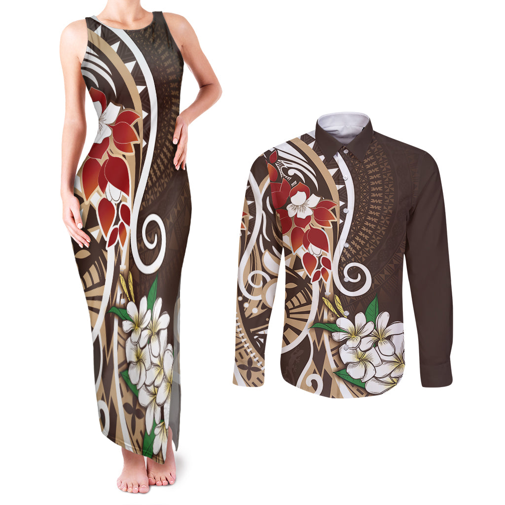 Bula Fiji Tagimaucia Mix Plumeria Masi Tapa Couples Matching Tank Maxi Dress and Long Sleeve Button Shirt Brown LT7 Brown - Polynesian Pride