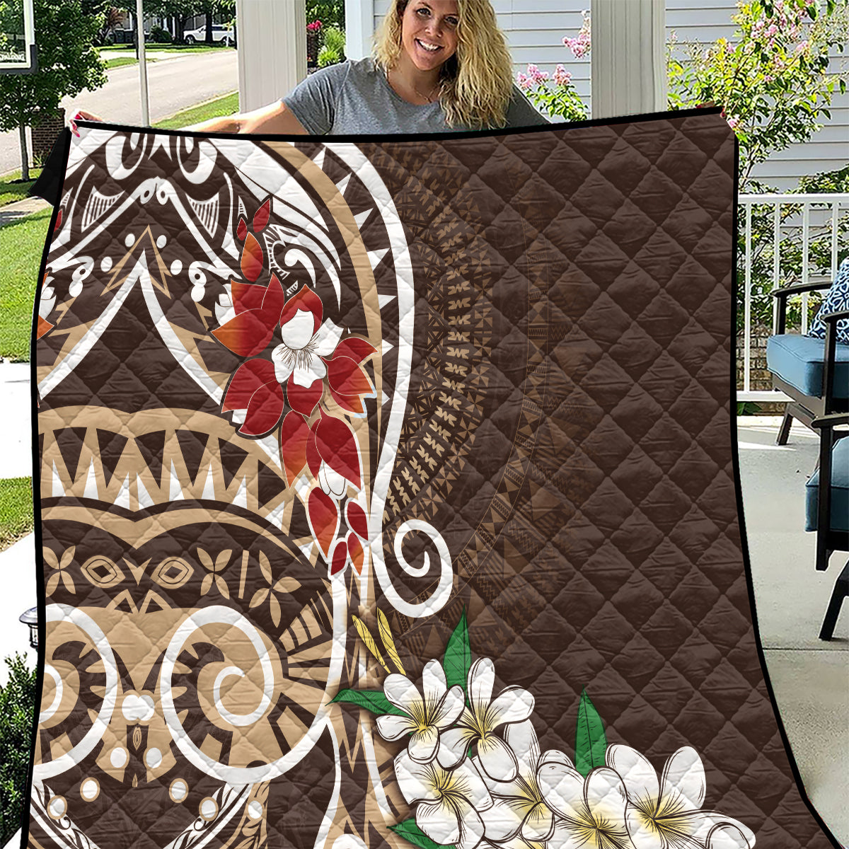 Bula Fiji Tagimaucia Mix Plumeria Masi Tapa Quilt Brown LT7 Brown - Polynesian Pride