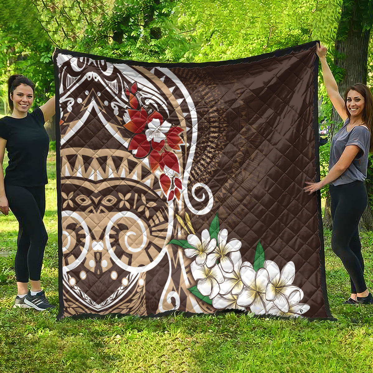 Bula Fiji Tagimaucia Mix Plumeria Masi Tapa Quilt Brown LT7 - Polynesian Pride
