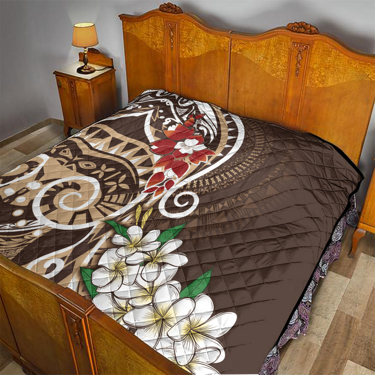 Bula Fiji Tagimaucia Mix Plumeria Masi Tapa Quilt Brown LT7 - Polynesian Pride