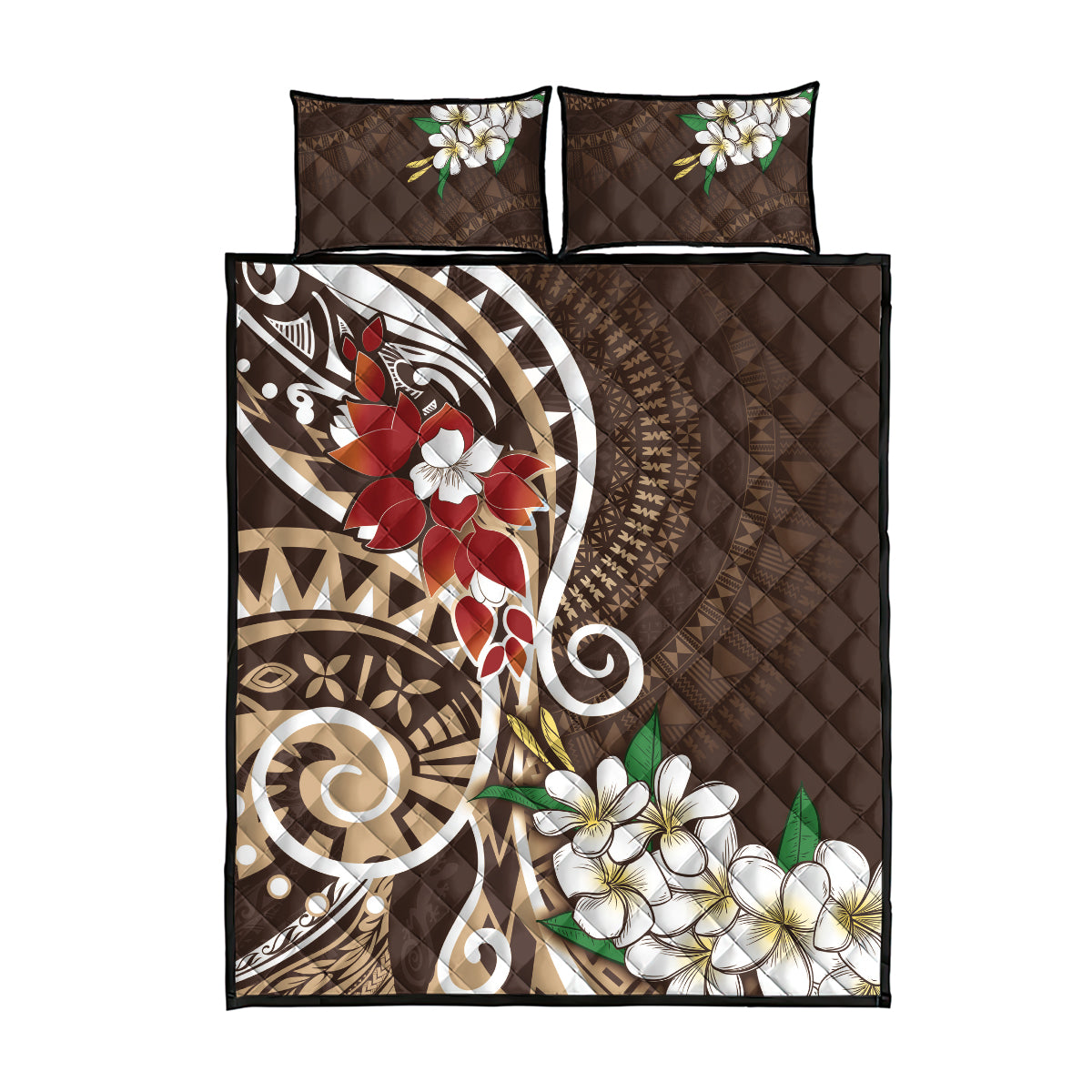 Bula Fiji Tagimaucia Mix Plumeria Masi Tapa Quilt Bed Set Brown