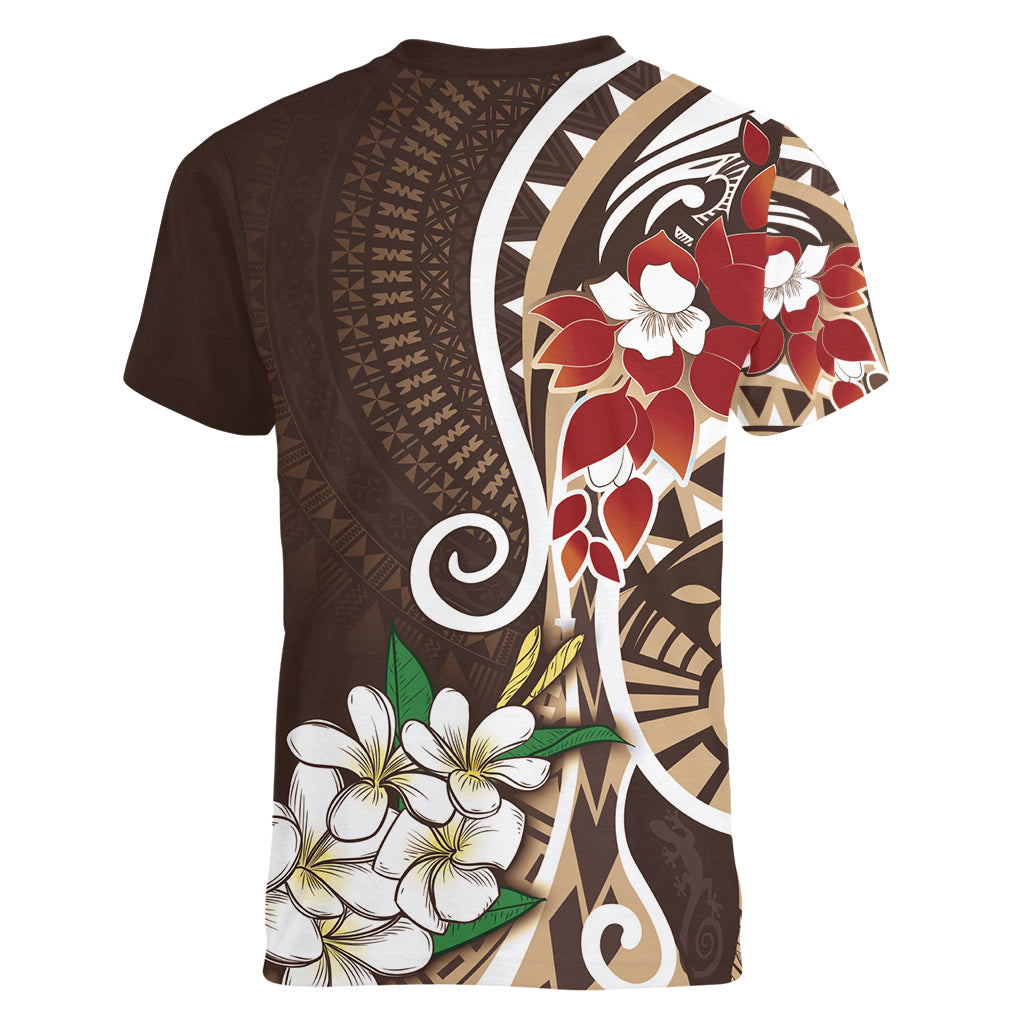 Bula Fiji Tagimaucia Mix Plumeria Masi Tapa Women V Neck T Shirt Brown LT7 - Polynesian Pride