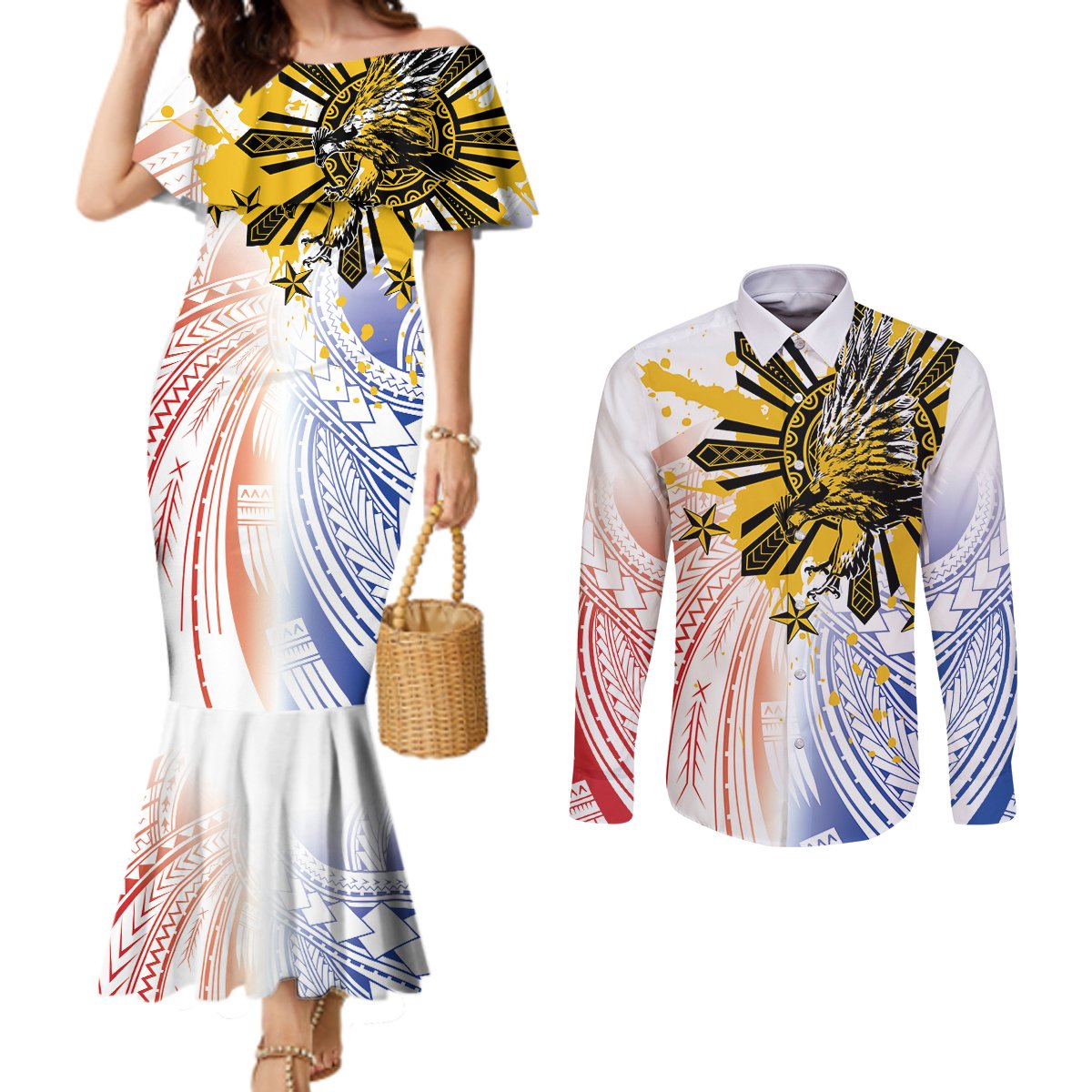 Philippines Independence Day Couples Matching Mermaid Dress and Long Sleeve Button Shirt Eagle Mix Filipino Flag Tribal Style