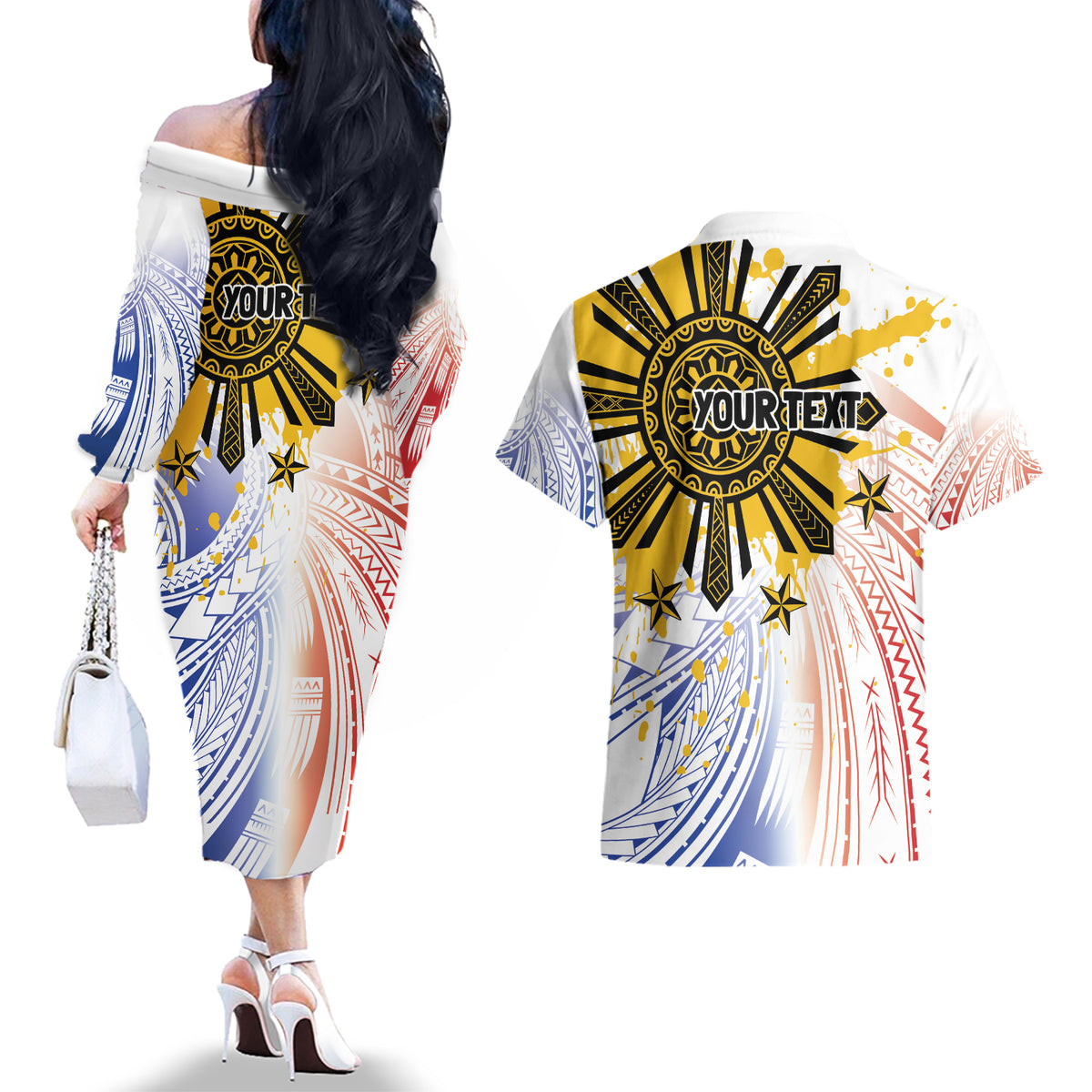 Philippines Independence Day Couples Matching Off The Shoulder Long Sleeve Dress and Hawaiian Shirt Eagle Mix Filipino Flag Tribal Style LT7 - Polynesian Pride