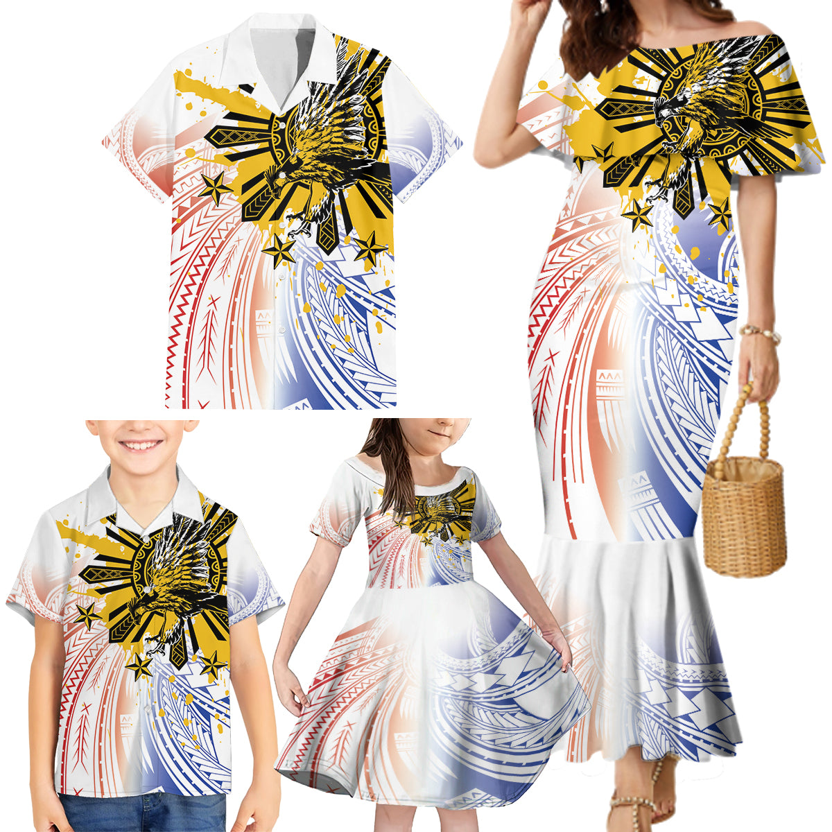 Philippines Independence Day Family Matching Mermaid Dress and Hawaiian Shirt Eagle Mix Filipino Flag Tribal Style LT7 - Polynesian Pride