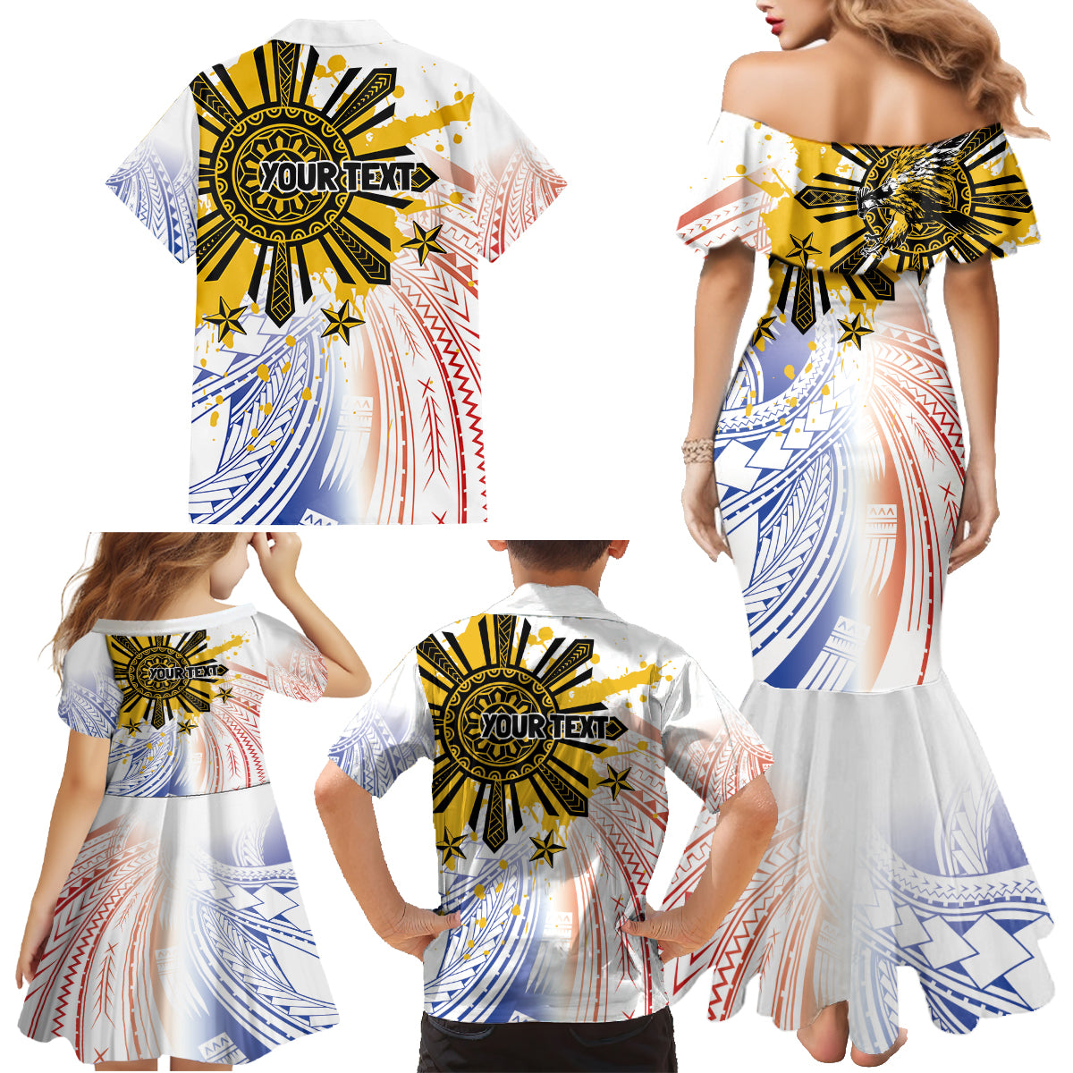 Philippines Independence Day Family Matching Mermaid Dress and Hawaiian Shirt Eagle Mix Filipino Flag Tribal Style LT7 - Polynesian Pride