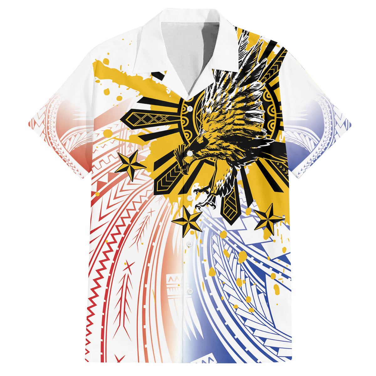 Philippines Independence Day Family Matching Off The Shoulder Long Sleeve Dress and Hawaiian Shirt Eagle Mix Filipino Flag Tribal Style LT7 Dad's Shirt - Short Sleeve White - Polynesian Pride