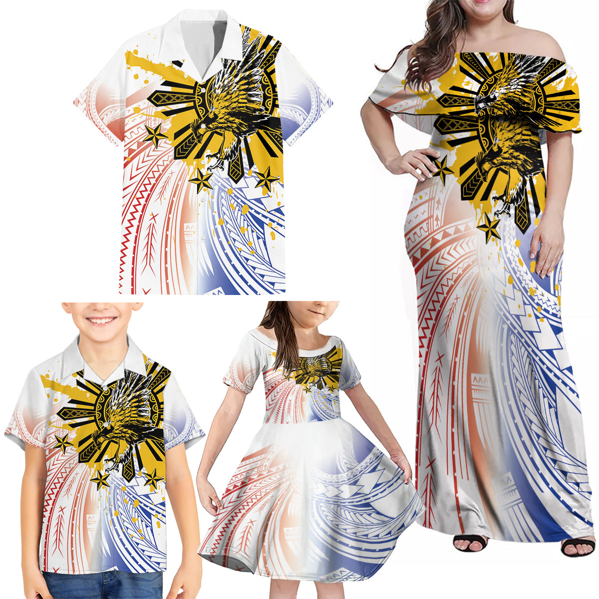Philippines Independence Day Family Matching Off Shoulder Maxi Dress and Hawaiian Shirt Eagle Mix Filipino Flag Tribal Style LT7 - Polynesian Pride