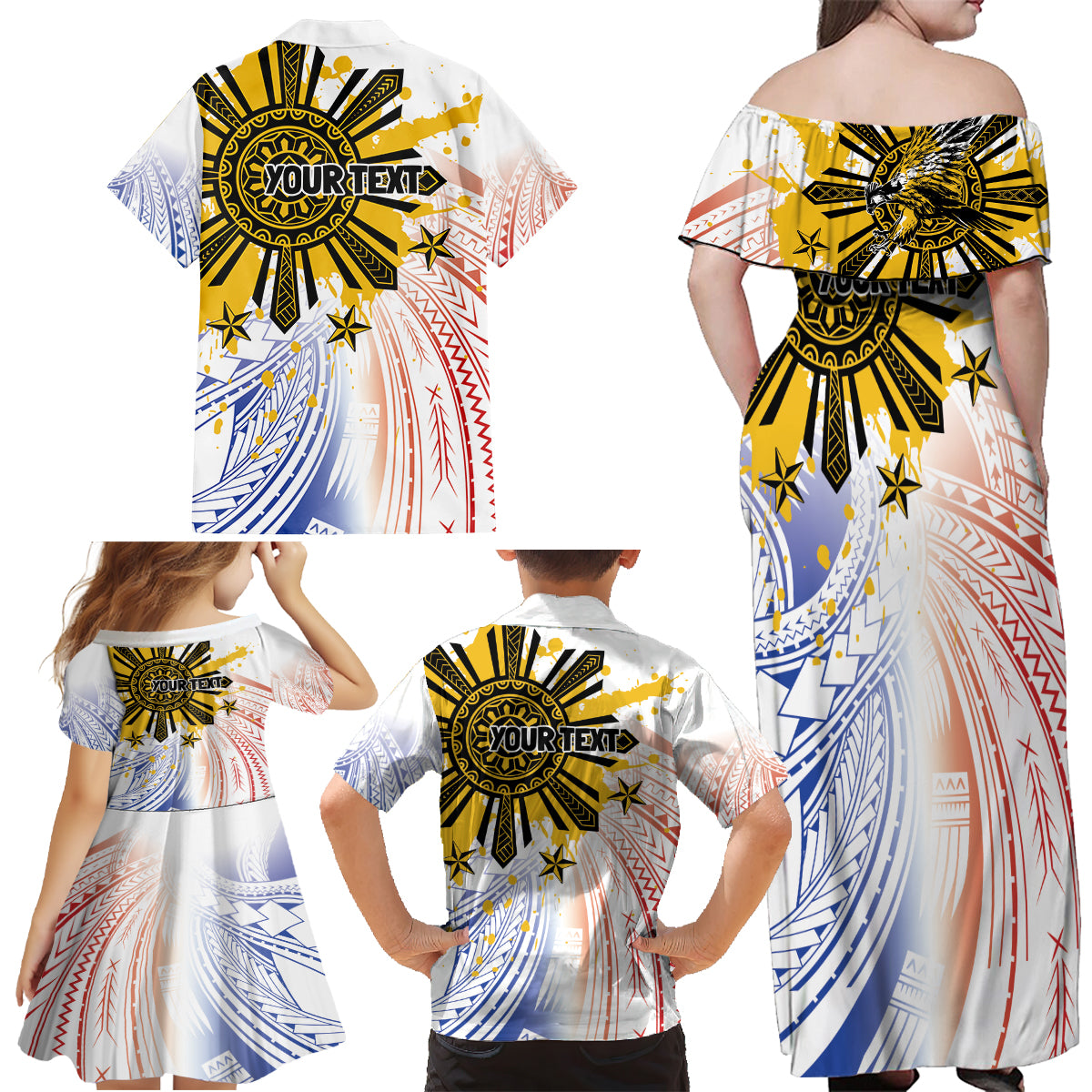 Philippines Independence Day Family Matching Off Shoulder Maxi Dress and Hawaiian Shirt Eagle Mix Filipino Flag Tribal Style LT7 - Polynesian Pride