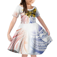 Philippines Independence Day Family Matching Off Shoulder Short Dress and Hawaiian Shirt Eagle Mix Filipino Flag Tribal Style LT7 Daughter's Dress White - Polynesian Pride