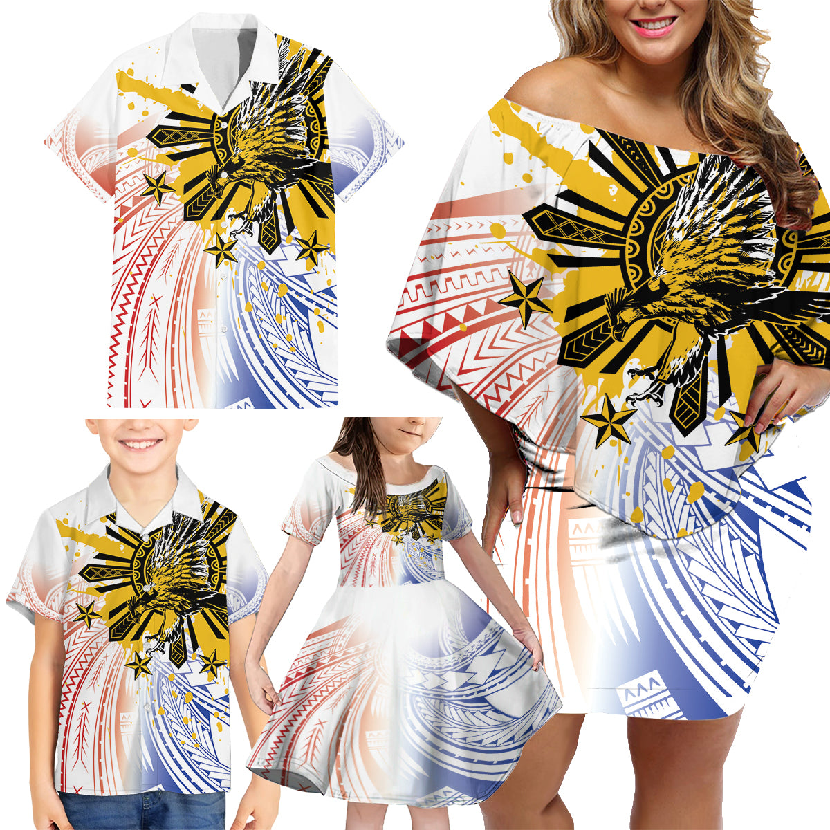Philippines Independence Day Family Matching Off Shoulder Short Dress and Hawaiian Shirt Eagle Mix Filipino Flag Tribal Style LT7 - Polynesian Pride