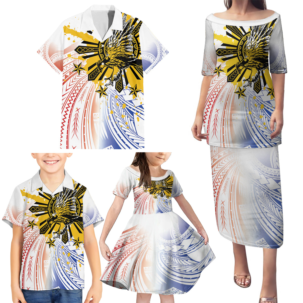 Philippines Independence Day Family Matching Puletasi and Hawaiian Shirt Eagle Mix Filipino Flag Tribal Style LT7 - Polynesian Pride