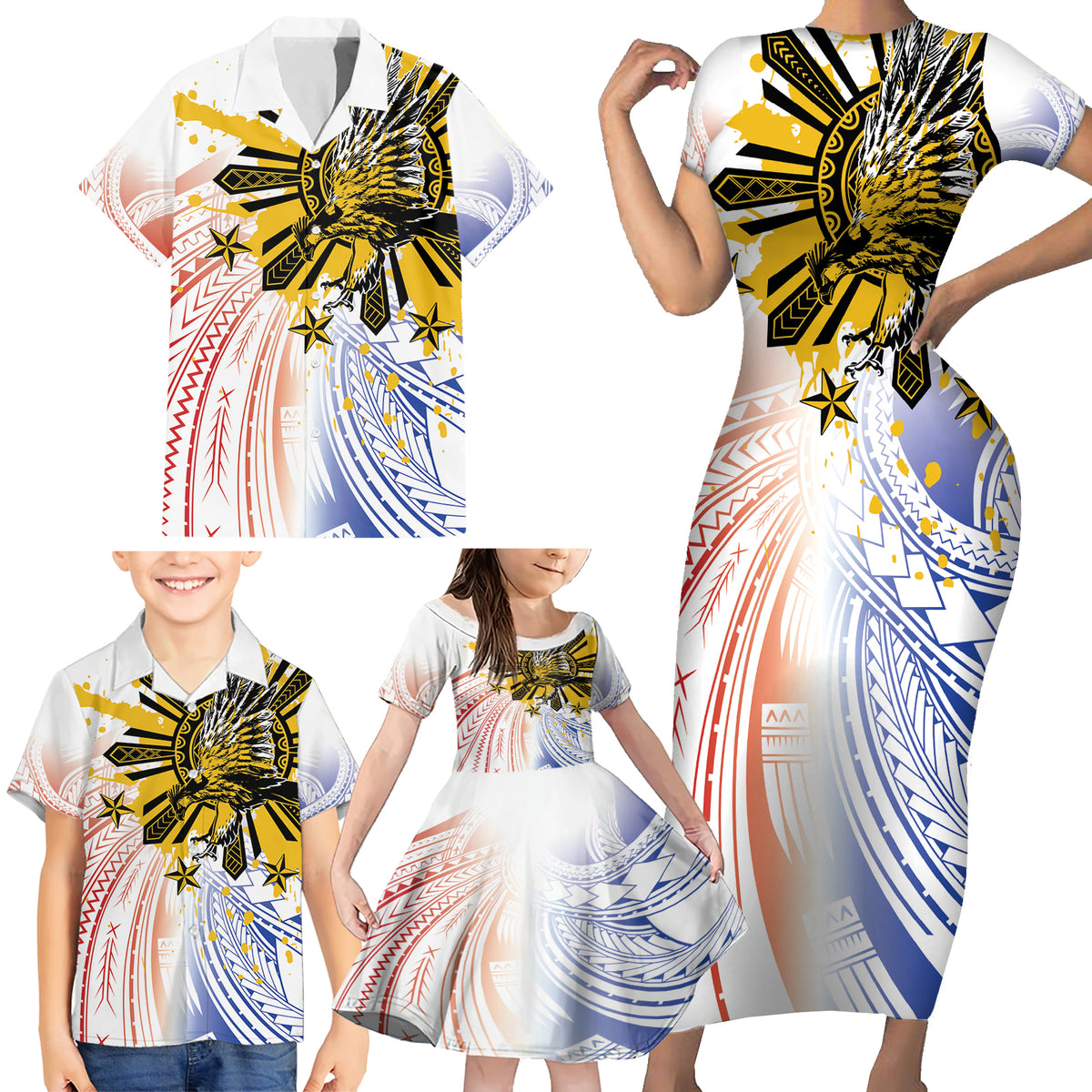 Philippines Independence Day Family Matching Short Sleeve Bodycon Dress and Hawaiian Shirt Eagle Mix Filipino Flag Tribal Style LT7 - Polynesian Pride