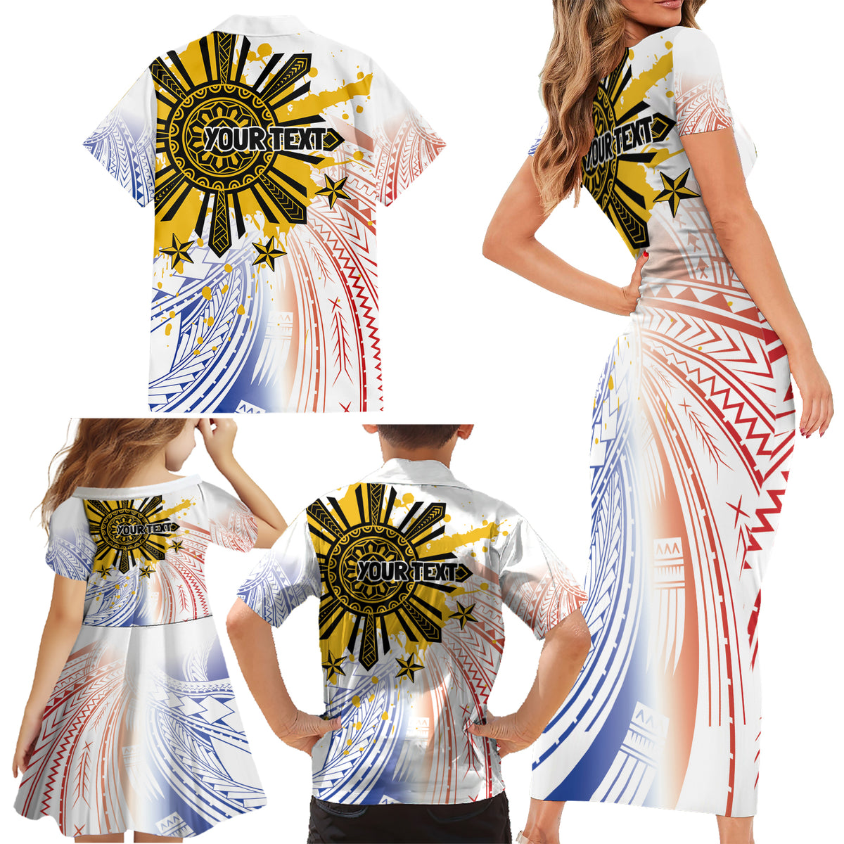 Philippines Independence Day Family Matching Short Sleeve Bodycon Dress and Hawaiian Shirt Eagle Mix Filipino Flag Tribal Style LT7 - Polynesian Pride