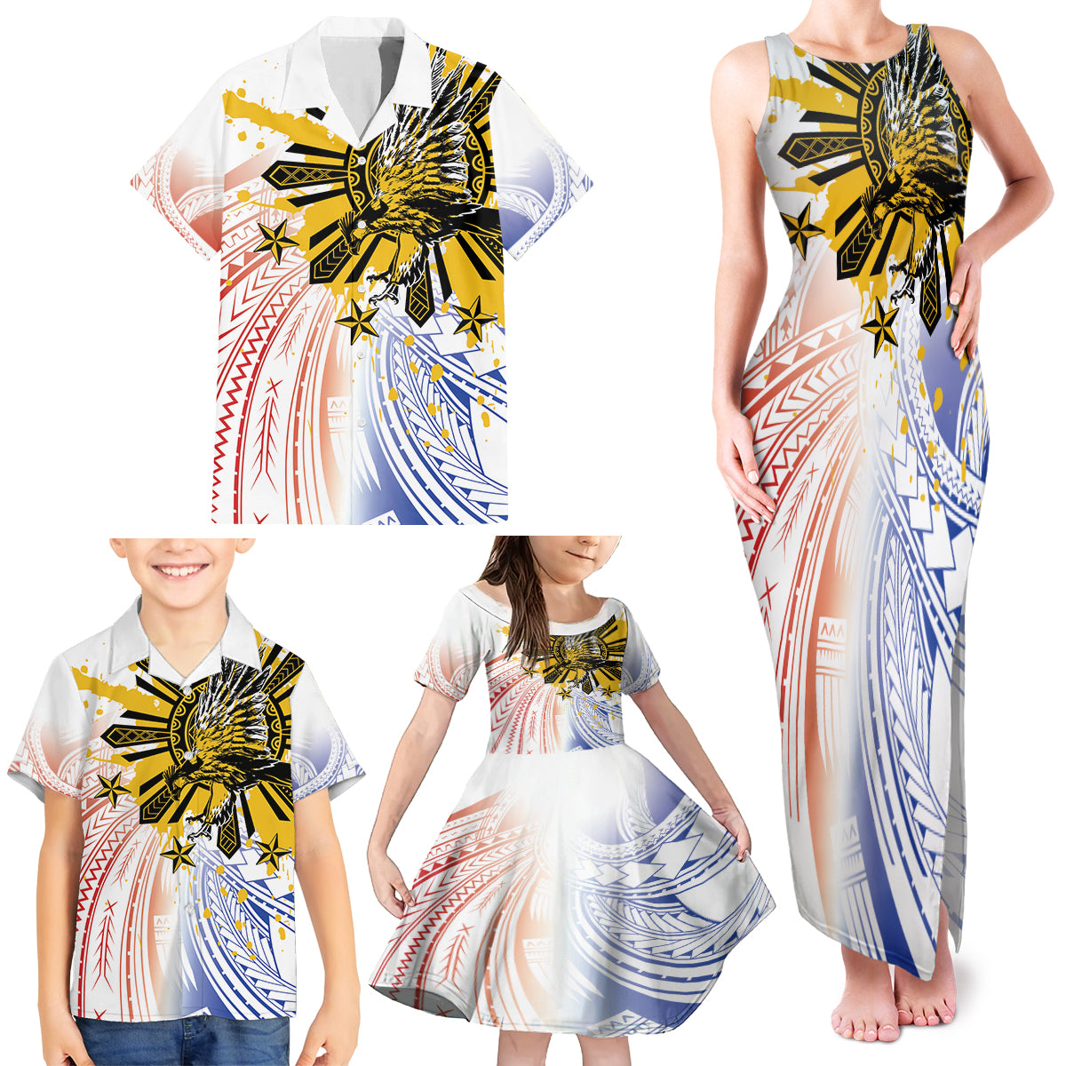 Philippines Independence Day Family Matching Tank Maxi Dress and Hawaiian Shirt Eagle Mix Filipino Flag Tribal Style LT7 - Polynesian Pride