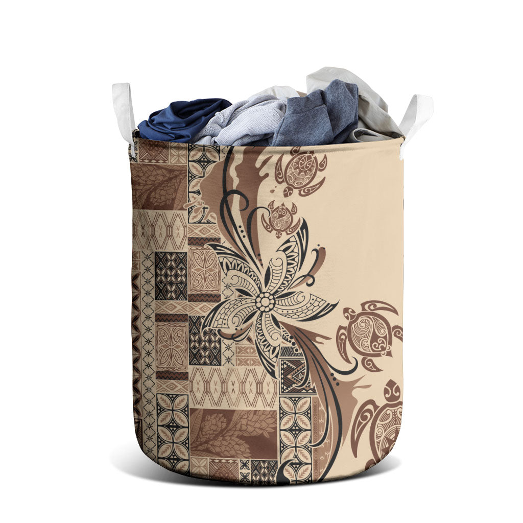 Talofa Samoa Mamanu Siapo Mix Malu Laundry Basket Classic Beige Frangipani and Turtles