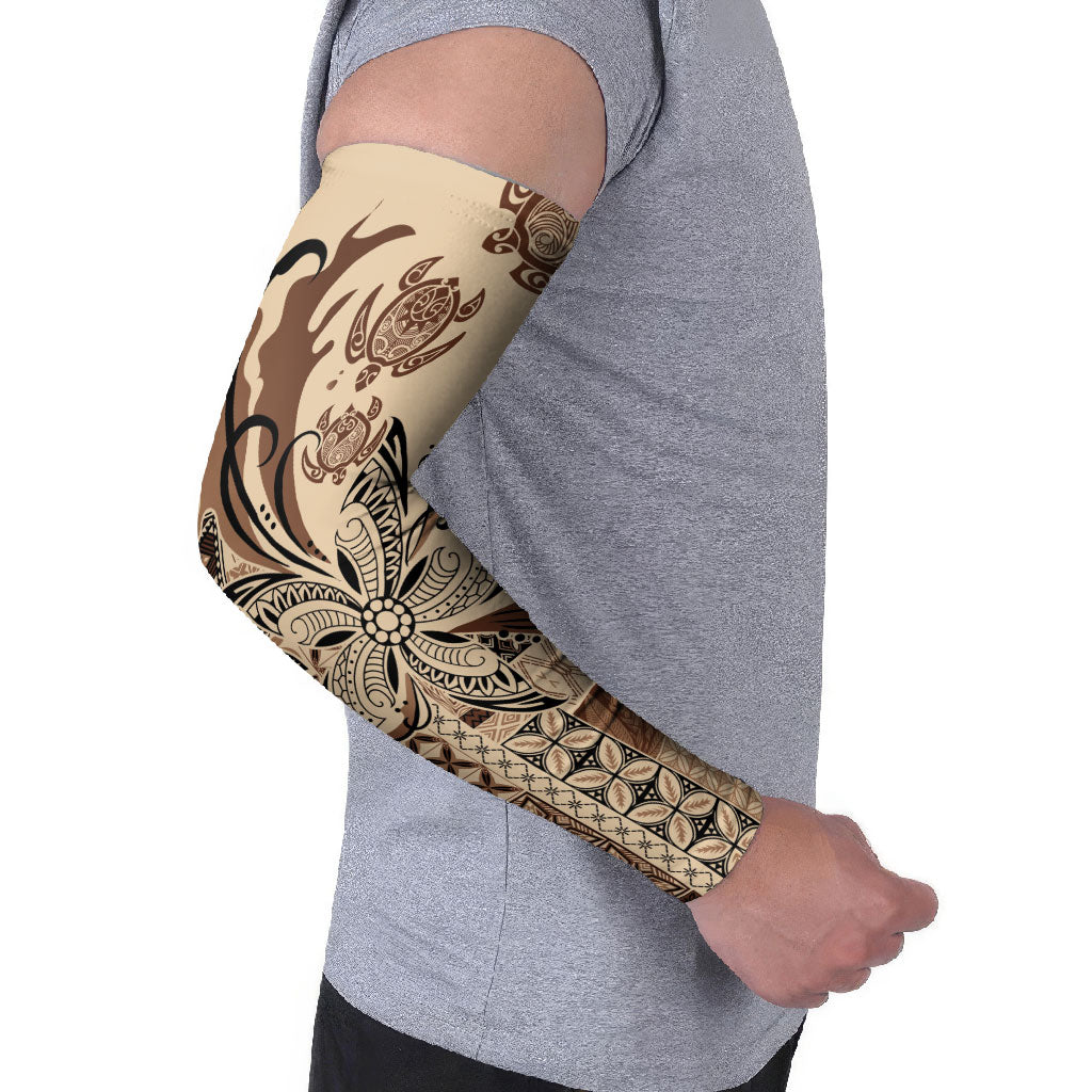 Talofa Samoa Mamanu Siapo Mix Malu Arm Sleeves Classic Beige Frangipani and Turtles LT7 - Polynesian Pride