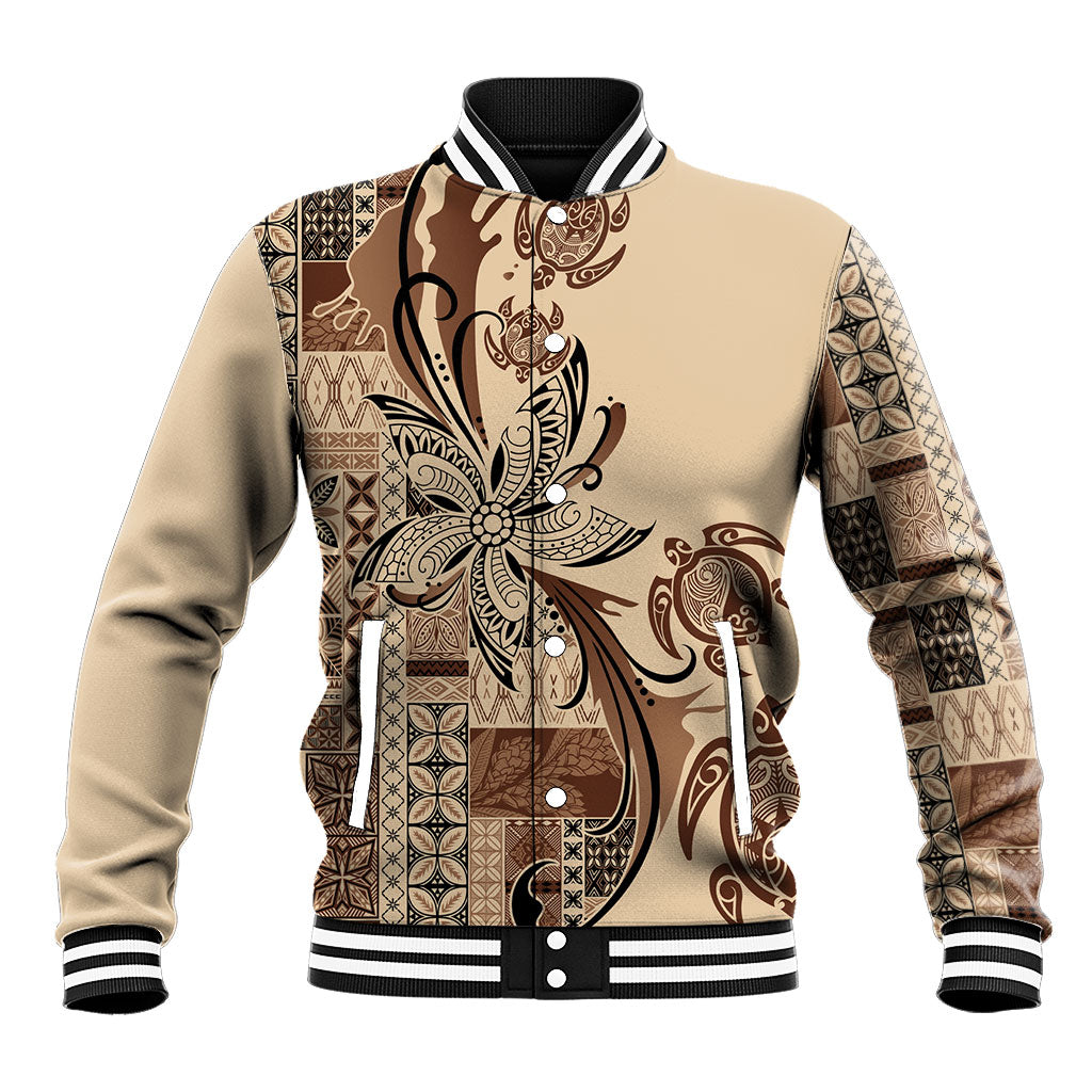 Talofa Samoa Mamanu Siapo Mix Malu Baseball Jacket Classic Beige Frangipani and Turtles