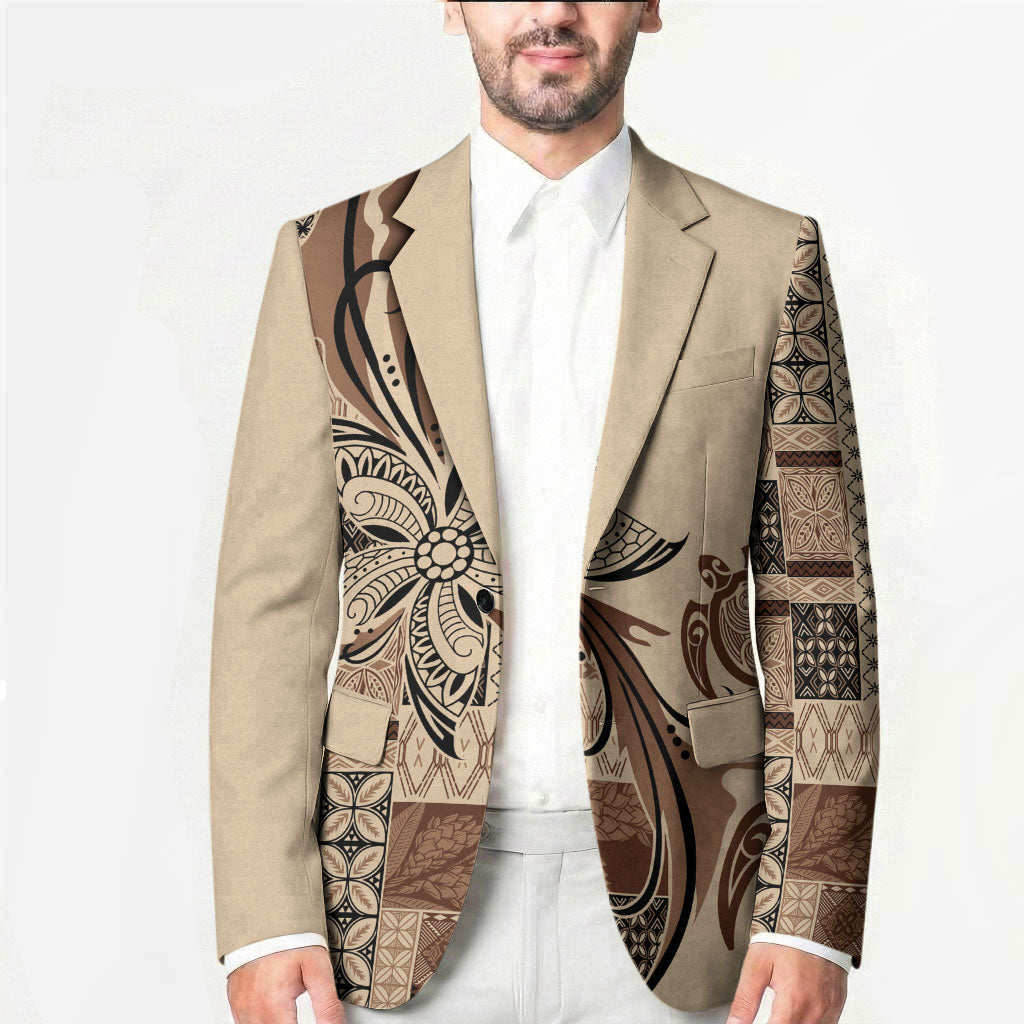Talofa Samoa Mamanu Siapo Mix Malu Blazer Classic Beige Frangipani and Turtles
