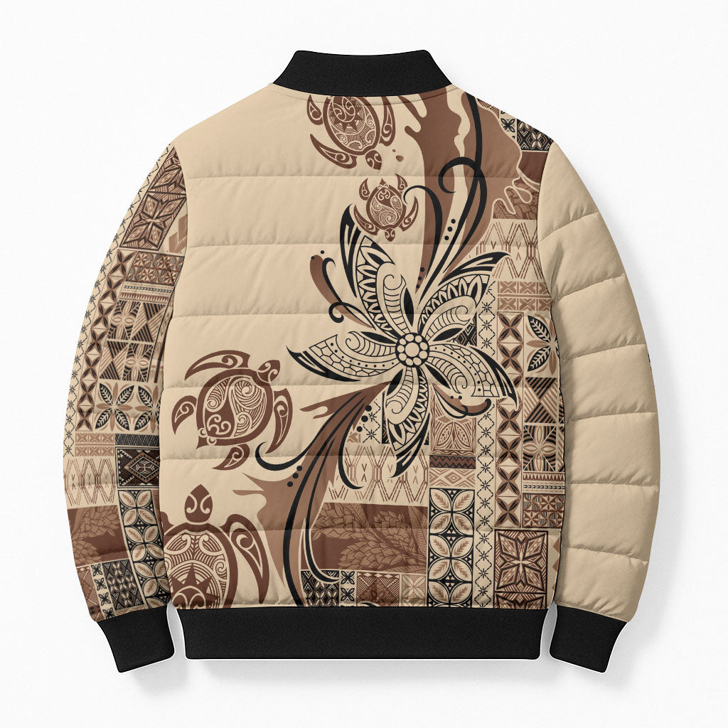 Talofa Samoa Mamanu Siapo Mix Malu Bomber Puffer Jacket Classic Beige Frangipani and Turtles