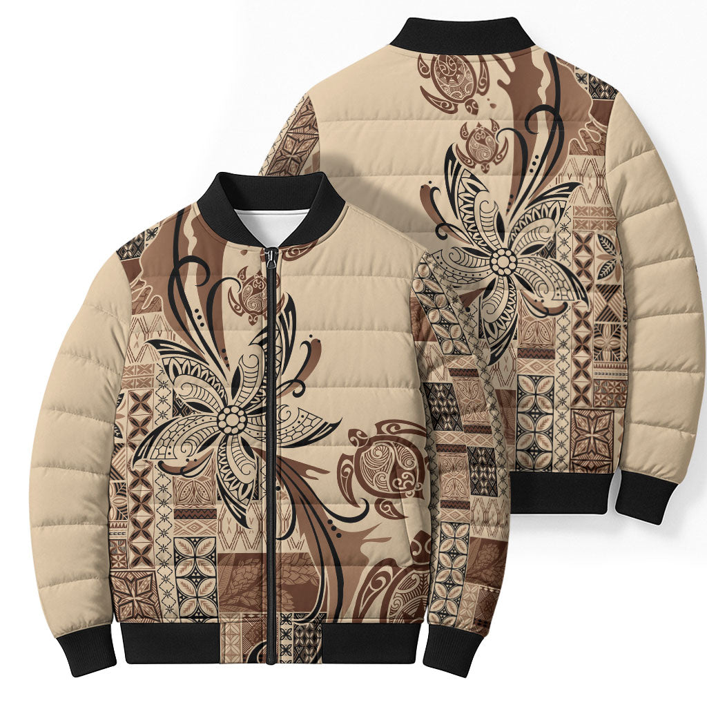 Talofa Samoa Mamanu Siapo Mix Malu Bomber Puffer Jacket Classic Beige Frangipani and Turtles