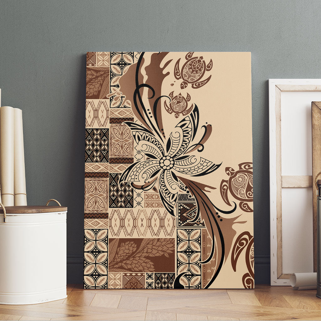 Talofa Samoa Mamanu Siapo Mix Malu Canvas Wall Art Classic Beige Frangipani and Turtles