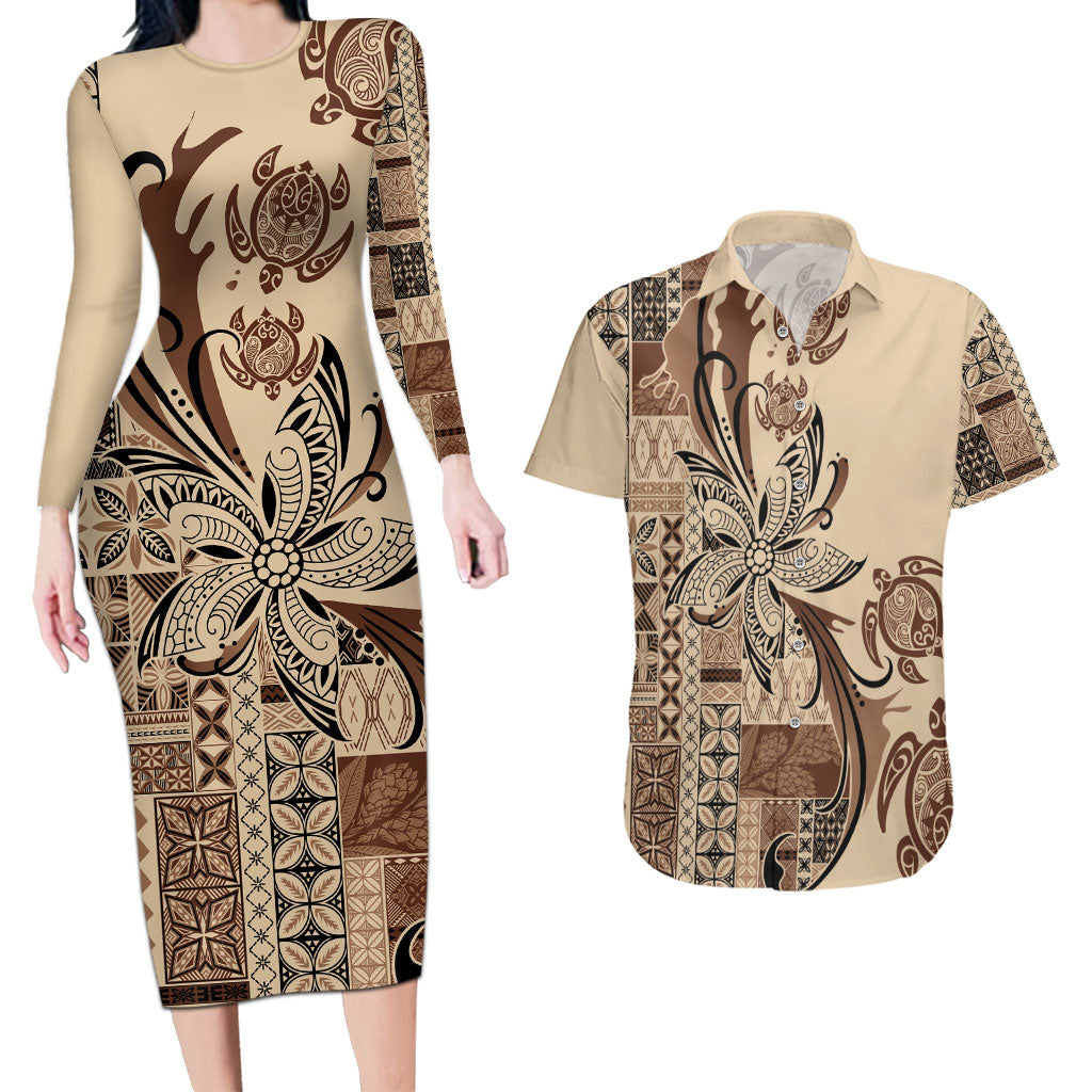 Talofa Samoa Mamanu Siapo Mix Malu Couples Matching Long Sleeve Bodycon Dress and Hawaiian Shirt Classic Beige Frangipani and Turtles LT7 Beige - Polynesian Pride