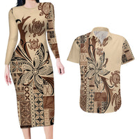 Talofa Samoa Mamanu Siapo Mix Malu Couples Matching Long Sleeve Bodycon Dress and Hawaiian Shirt Classic Beige Frangipani and Turtles LT7 Beige - Polynesian Pride