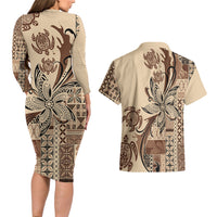 Talofa Samoa Mamanu Siapo Mix Malu Couples Matching Long Sleeve Bodycon Dress and Hawaiian Shirt Classic Beige Frangipani and Turtles LT7 - Polynesian Pride