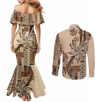Talofa Samoa Mamanu Siapo Mix Malu Couples Matching Mermaid Dress and Long Sleeve Button Shirt Classic Beige Frangipani and Turtles