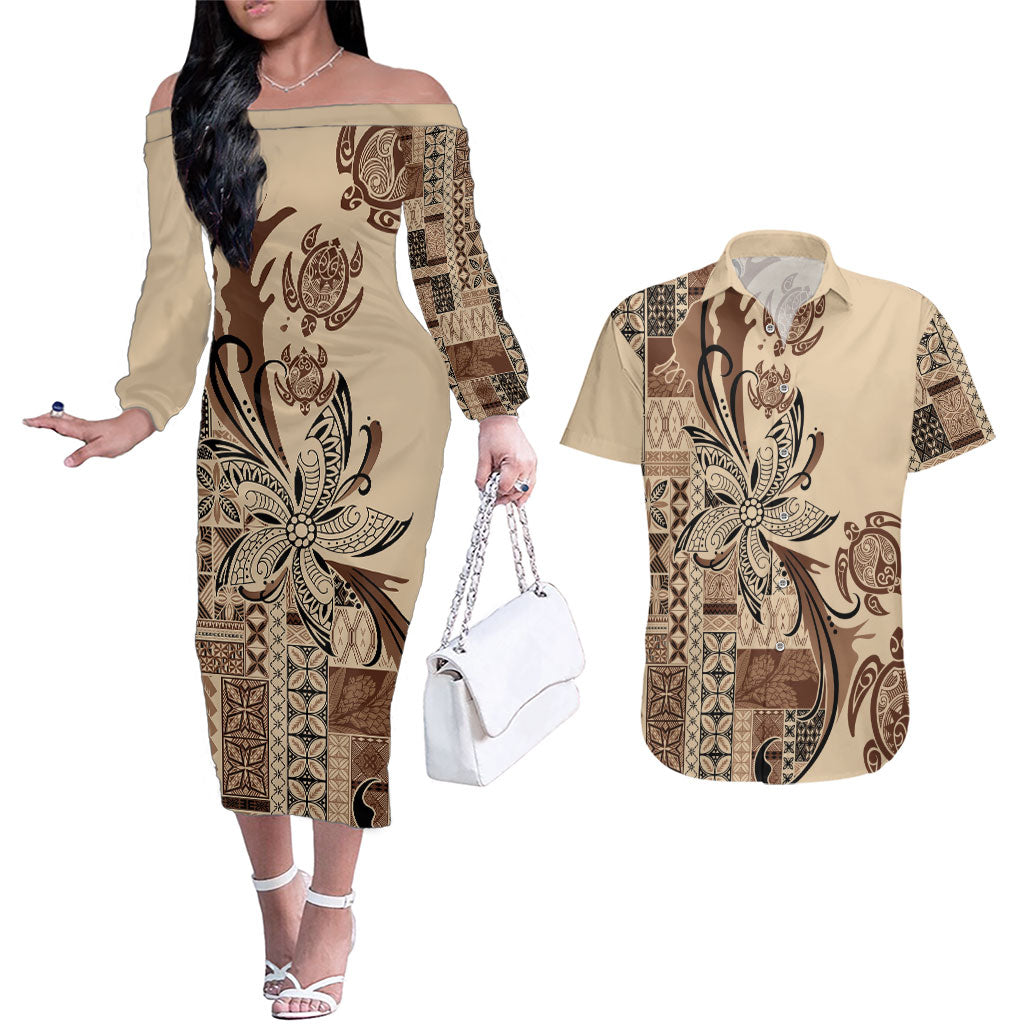 Talofa Samoa Mamanu Siapo Mix Malu Couples Matching Off The Shoulder Long Sleeve Dress and Hawaiian Shirt Classic Beige Frangipani and Turtles LT7 Beige - Polynesian Pride