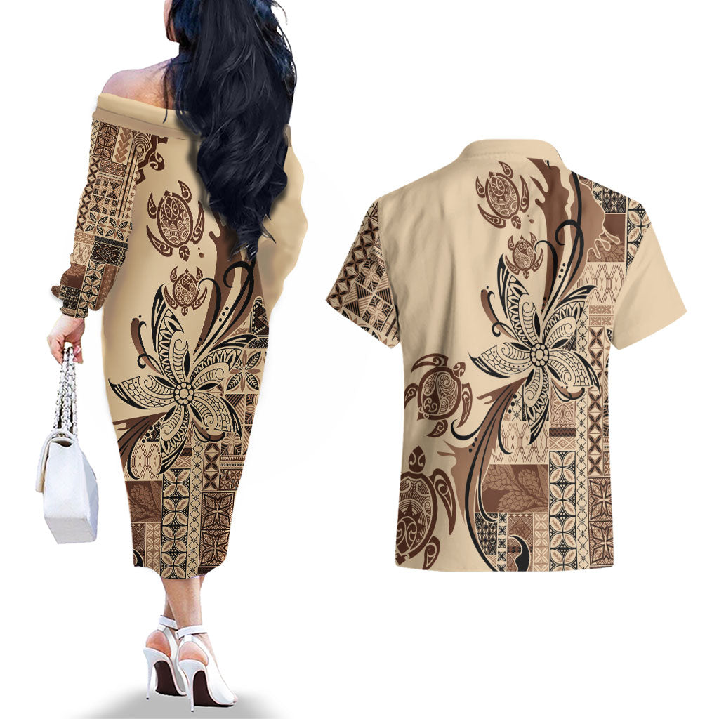 Talofa Samoa Mamanu Siapo Mix Malu Couples Matching Off The Shoulder Long Sleeve Dress and Hawaiian Shirt Classic Beige Frangipani and Turtles LT7 - Polynesian Pride