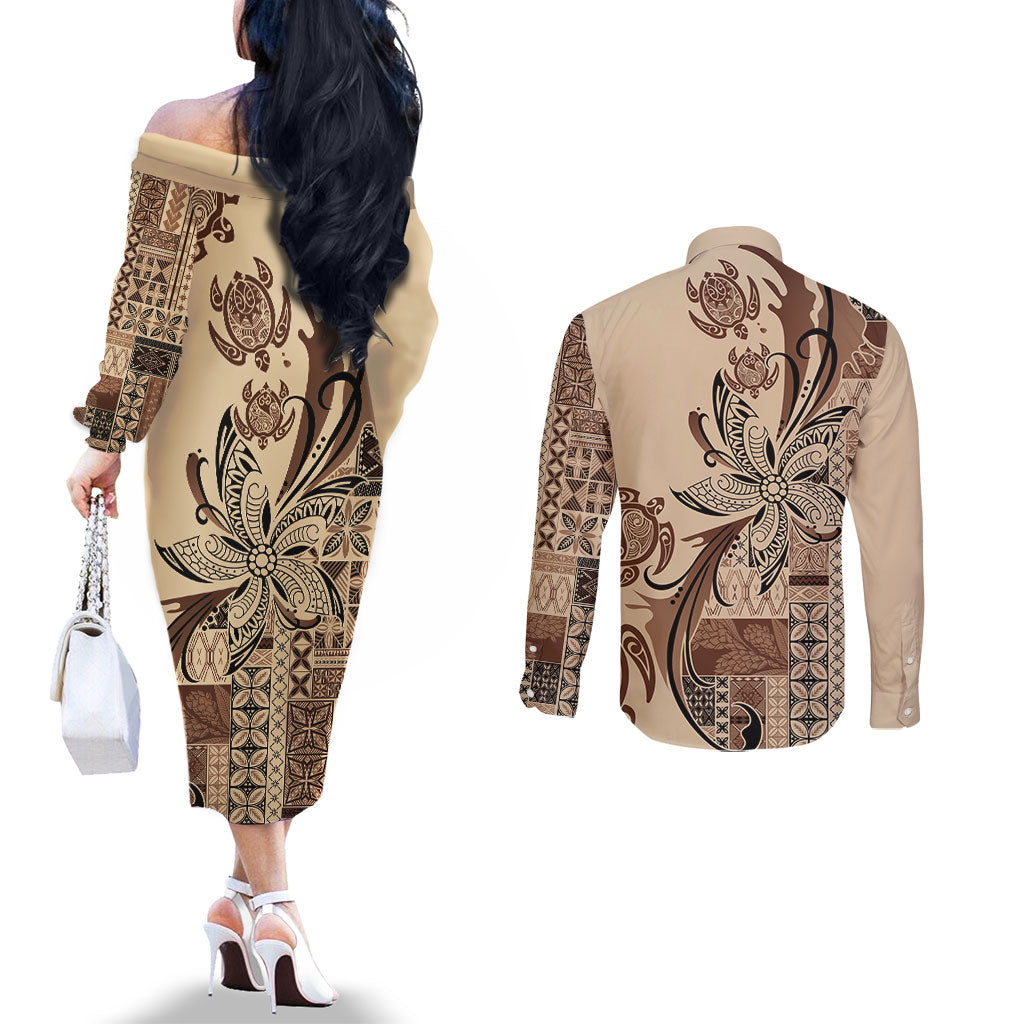 Talofa Samoa Mamanu Siapo Mix Malu Couples Matching Off The Shoulder Long Sleeve Dress and Long Sleeve Button Shirt Classic Beige Frangipani and Turtles