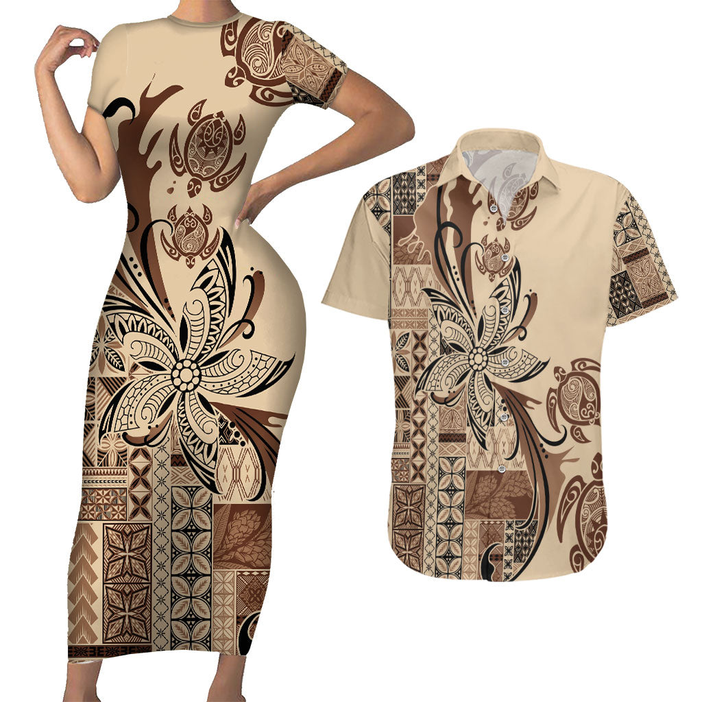 Talofa Samoa Mamanu Siapo Mix Malu Couples Matching Short Sleeve Bodycon Dress and Hawaiian Shirt Classic Beige Frangipani and Turtles LT7 Beige - Polynesian Pride