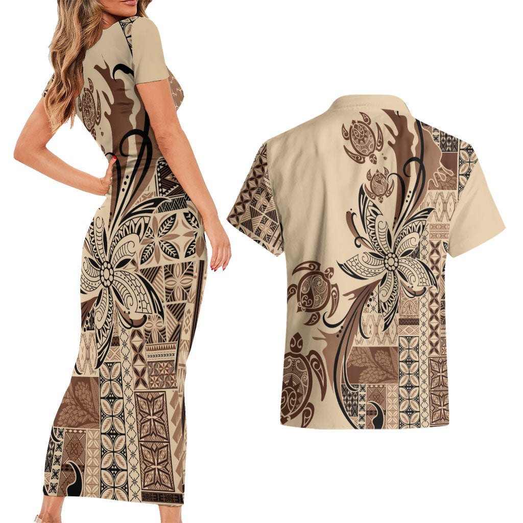 Talofa Samoa Mamanu Siapo Mix Malu Couples Matching Short Sleeve Bodycon Dress and Hawaiian Shirt Classic Beige Frangipani and Turtles LT7 - Polynesian Pride