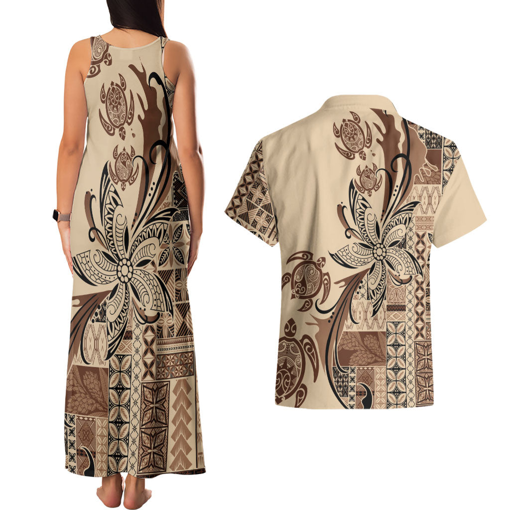 Talofa Samoa Mamanu Siapo Mix Malu Couples Matching Tank Maxi Dress and Hawaiian Shirt Classic Beige Frangipani and Turtles