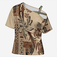 Talofa Samoa Mamanu Siapo Mix Malu Cross Shoulder Shirt Classic Beige Frangipani and Turtles