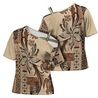 Talofa Samoa Mamanu Siapo Mix Malu Cross Shoulder Shirt Classic Beige Frangipani and Turtles