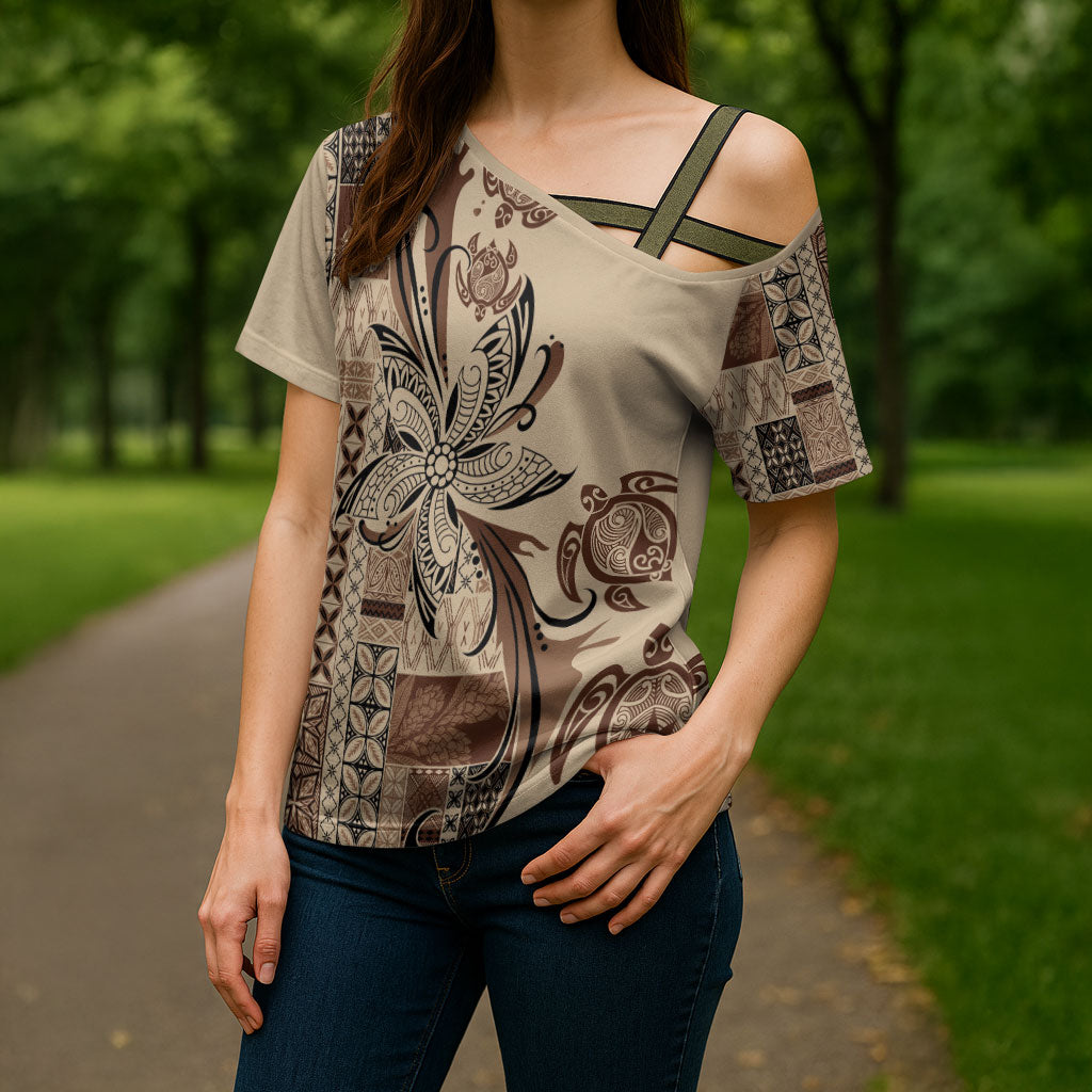 Talofa Samoa Mamanu Siapo Mix Malu Cross Shoulder Shirt Classic Beige Frangipani and Turtles