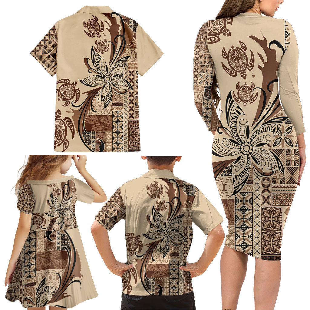 Talofa Samoa Mamanu Siapo Mix Malu Family Matching Long Sleeve Bodycon Dress and Hawaiian Shirt Classic Beige Frangipani and Turtles LT7 - Polynesian Pride