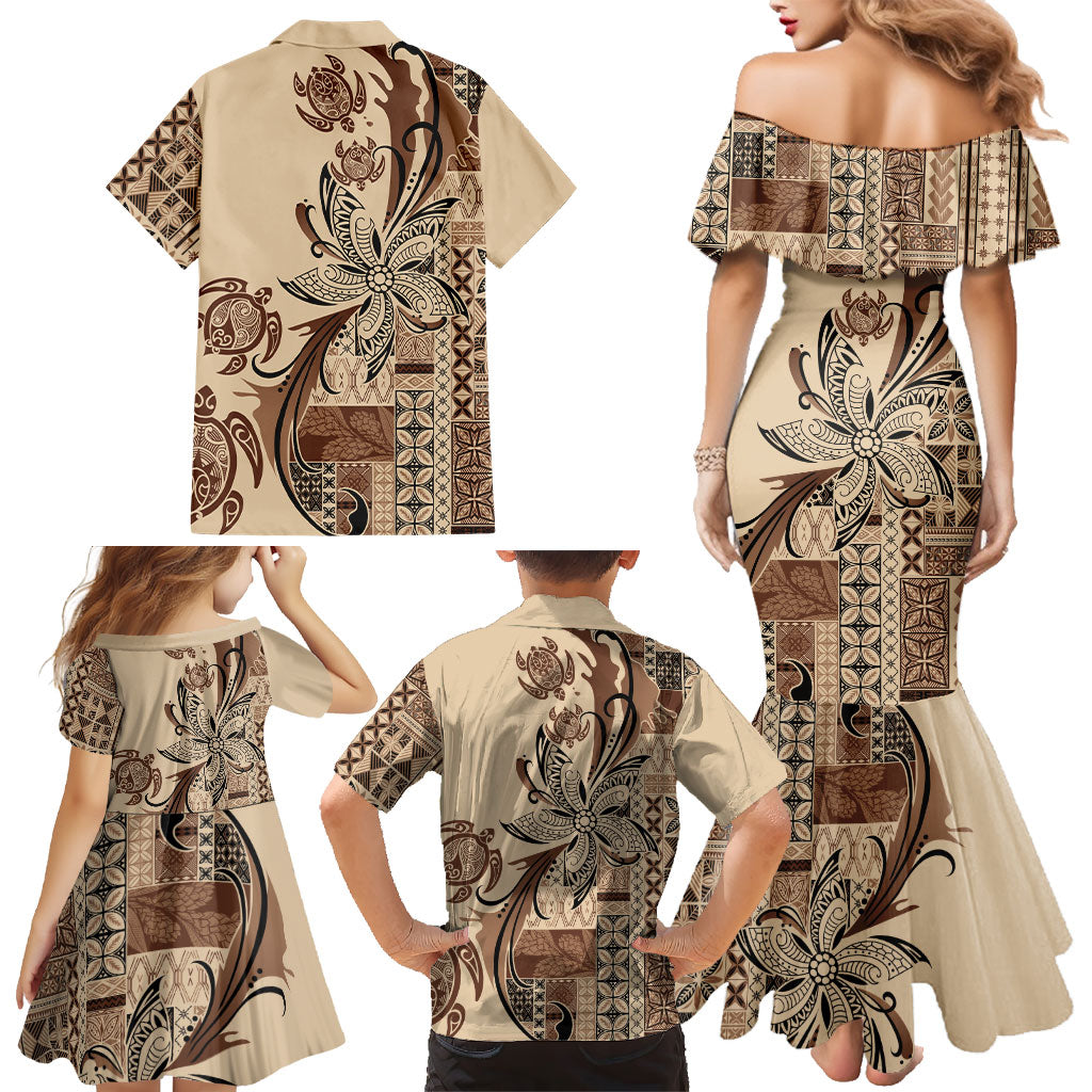 Talofa Samoa Mamanu Siapo Mix Malu Family Matching Mermaid Dress and Hawaiian Shirt Classic Beige Frangipani and Turtles LT7 - Polynesian Pride