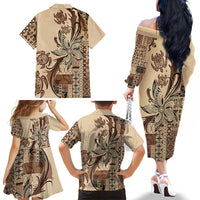 Talofa Samoa Mamanu Siapo Mix Malu Family Matching Off The Shoulder Long Sleeve Dress and Hawaiian Shirt Classic Beige Frangipani and Turtles LT7 - Polynesian Pride
