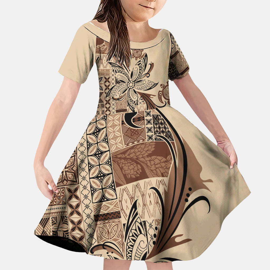 Talofa Samoa Mamanu Siapo Mix Malu Family Matching Off Shoulder Maxi Dress and Hawaiian Shirt Classic Beige Frangipani and Turtles LT7 Daughter's Dress Beige - Polynesian Pride