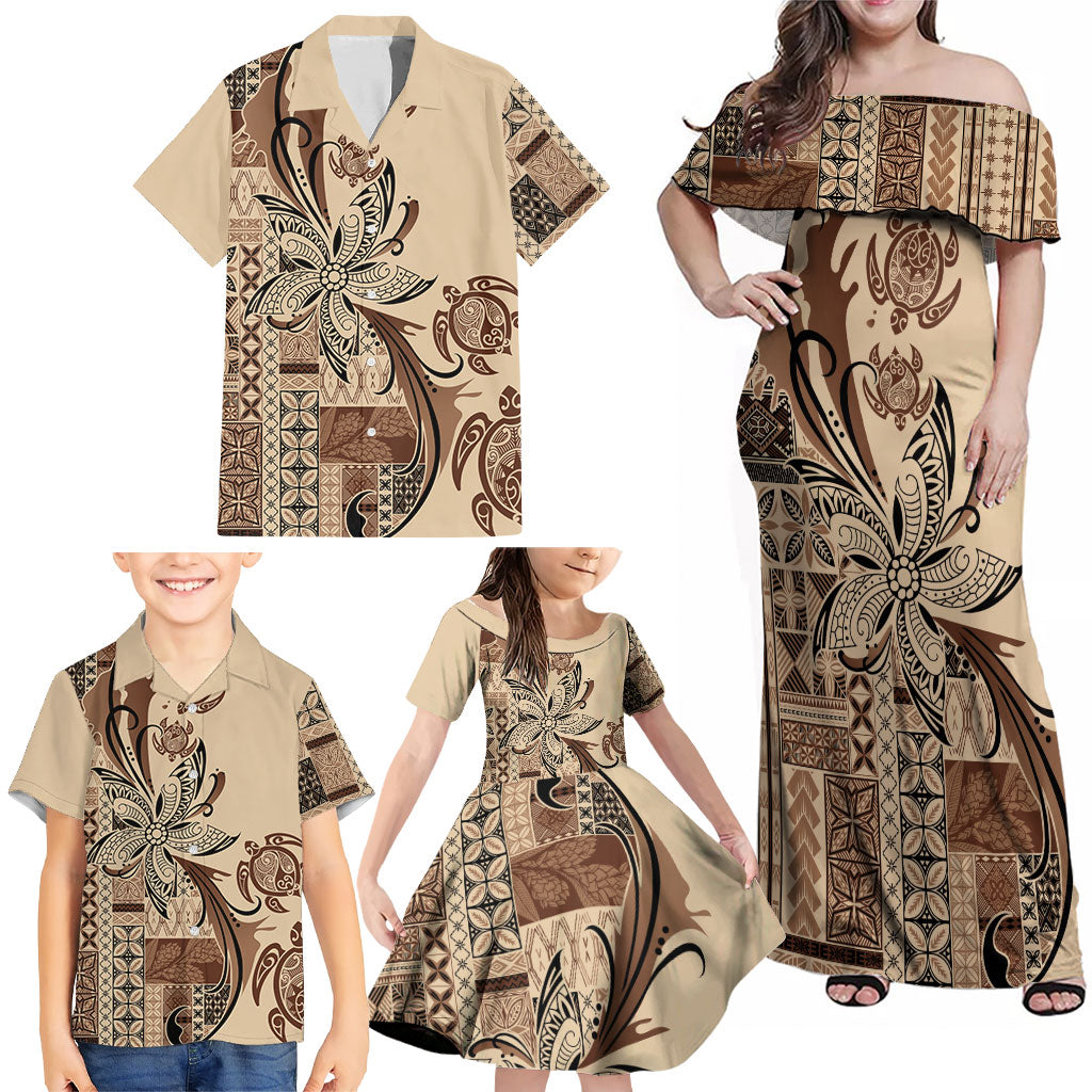 Talofa Samoa Mamanu Siapo Mix Malu Family Matching Off Shoulder Maxi Dress and Hawaiian Shirt Classic Beige Frangipani and Turtles LT7 - Polynesian Pride