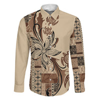 Talofa Samoa Mamanu Siapo Mix Malu Family Matching Off Shoulder Maxi Dress and Hawaiian Shirt Classic Beige Frangipani and Turtles LT7 Dad's Shirt - Long Sleeve Beige - Polynesian Pride