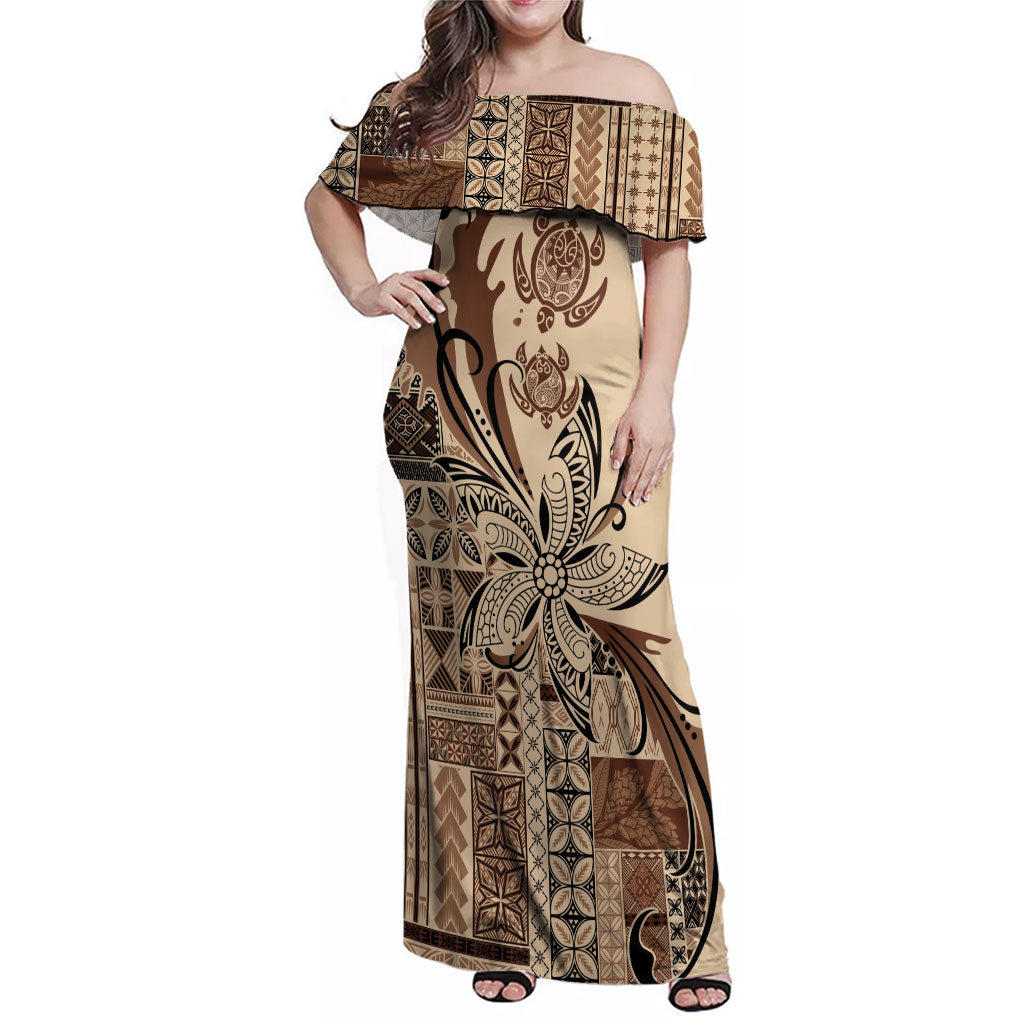 Talofa Samoa Mamanu Siapo Mix Malu Family Matching Off Shoulder Maxi Dress and Hawaiian Shirt Classic Beige Frangipani and Turtles LT7 Mom's Dress Beige - Polynesian Pride