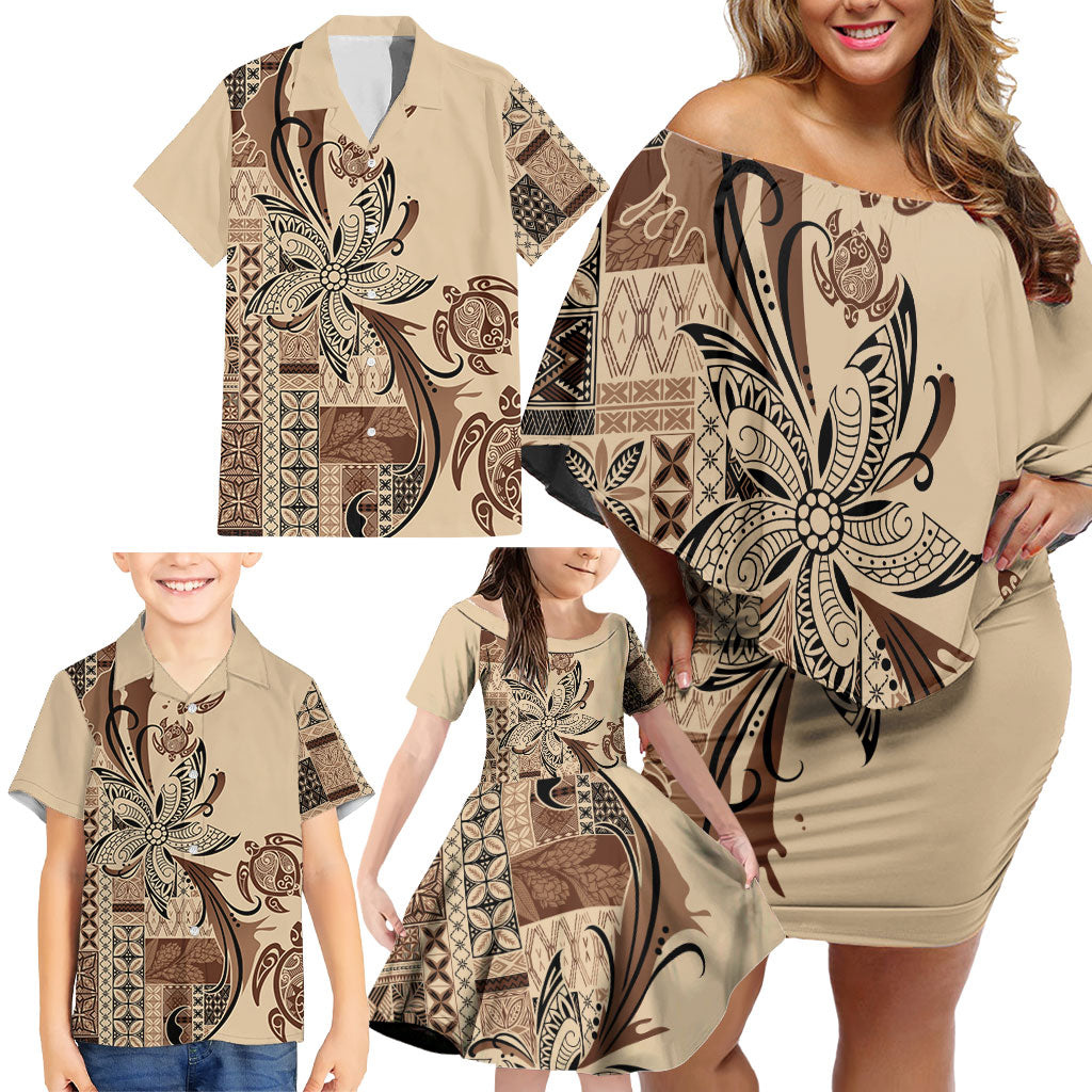 Talofa Samoa Mamanu Siapo Mix Malu Family Matching Off Shoulder Short Dress and Hawaiian Shirt Classic Beige Frangipani and Turtles LT7 - Polynesian Pride